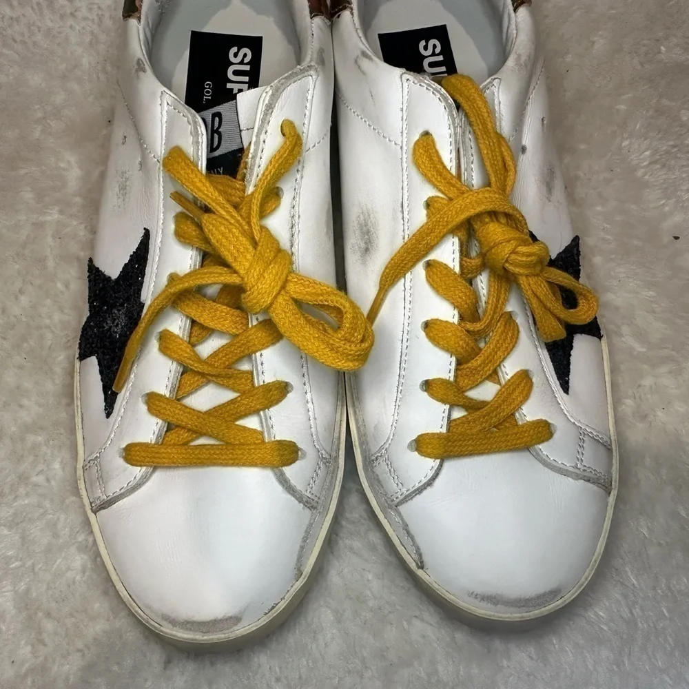 New Golden Goose Super Star Camo Heel and Glitter Star Sneakers Size 37